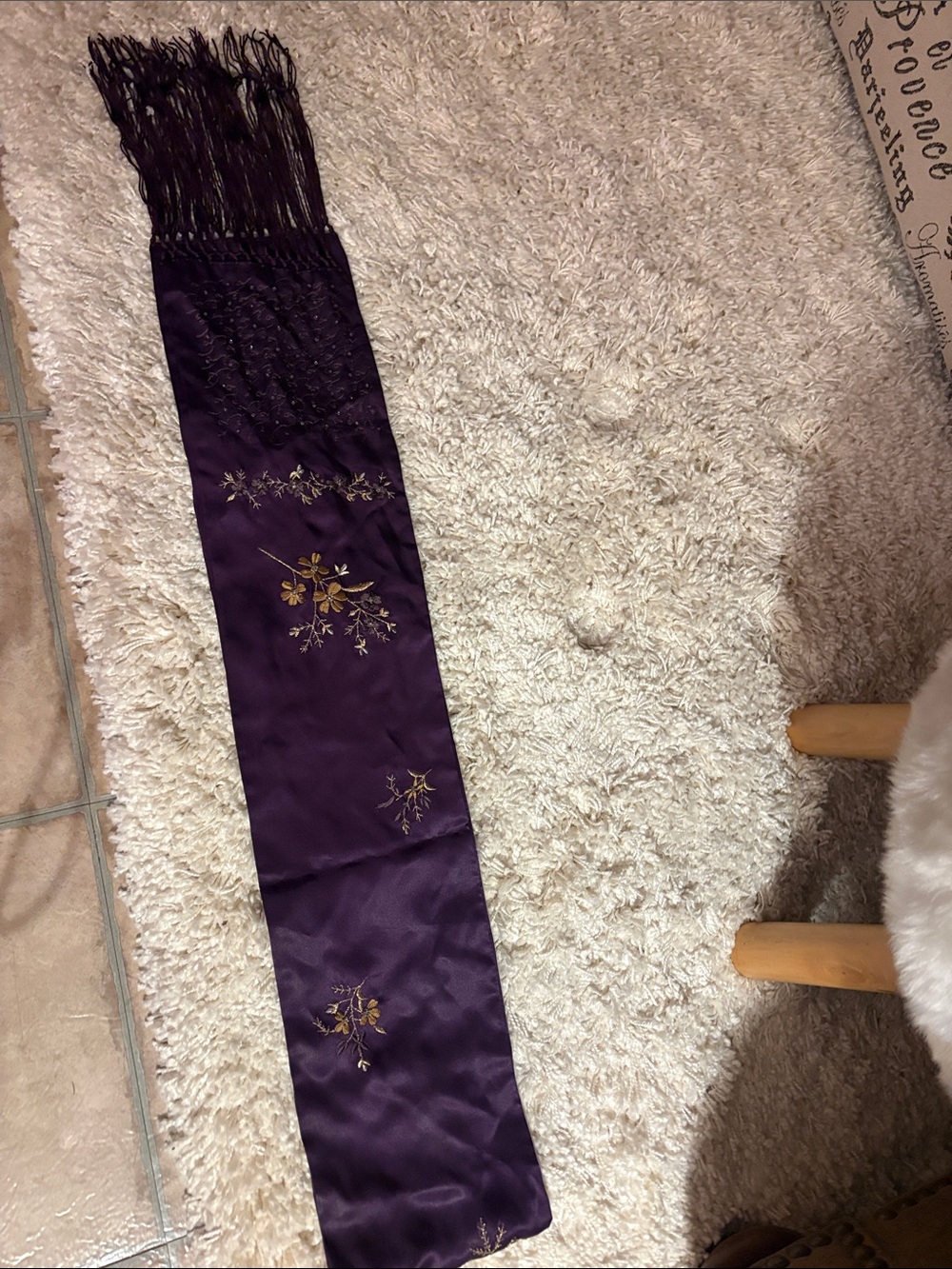 Purple Embroidered Silk scarf with Fringe 58 in